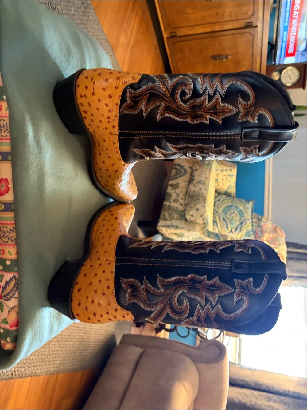 Western Ostrich-Print Leather Cowboy Boots in Tan & Black